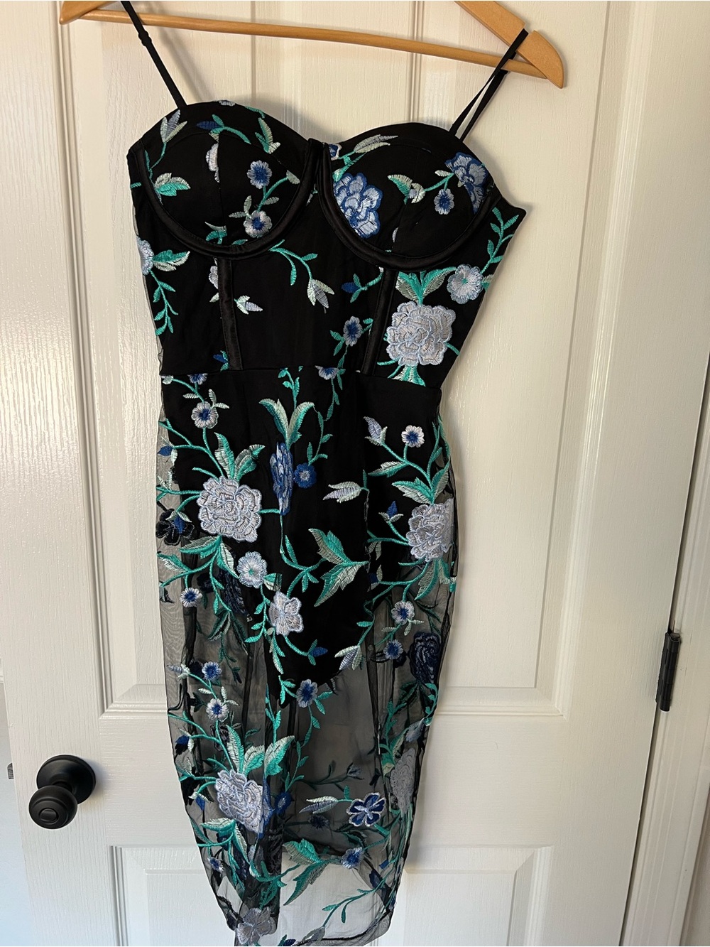 by the way. Black Mesh Midi Dress with Blue & Green Floral Embroidery